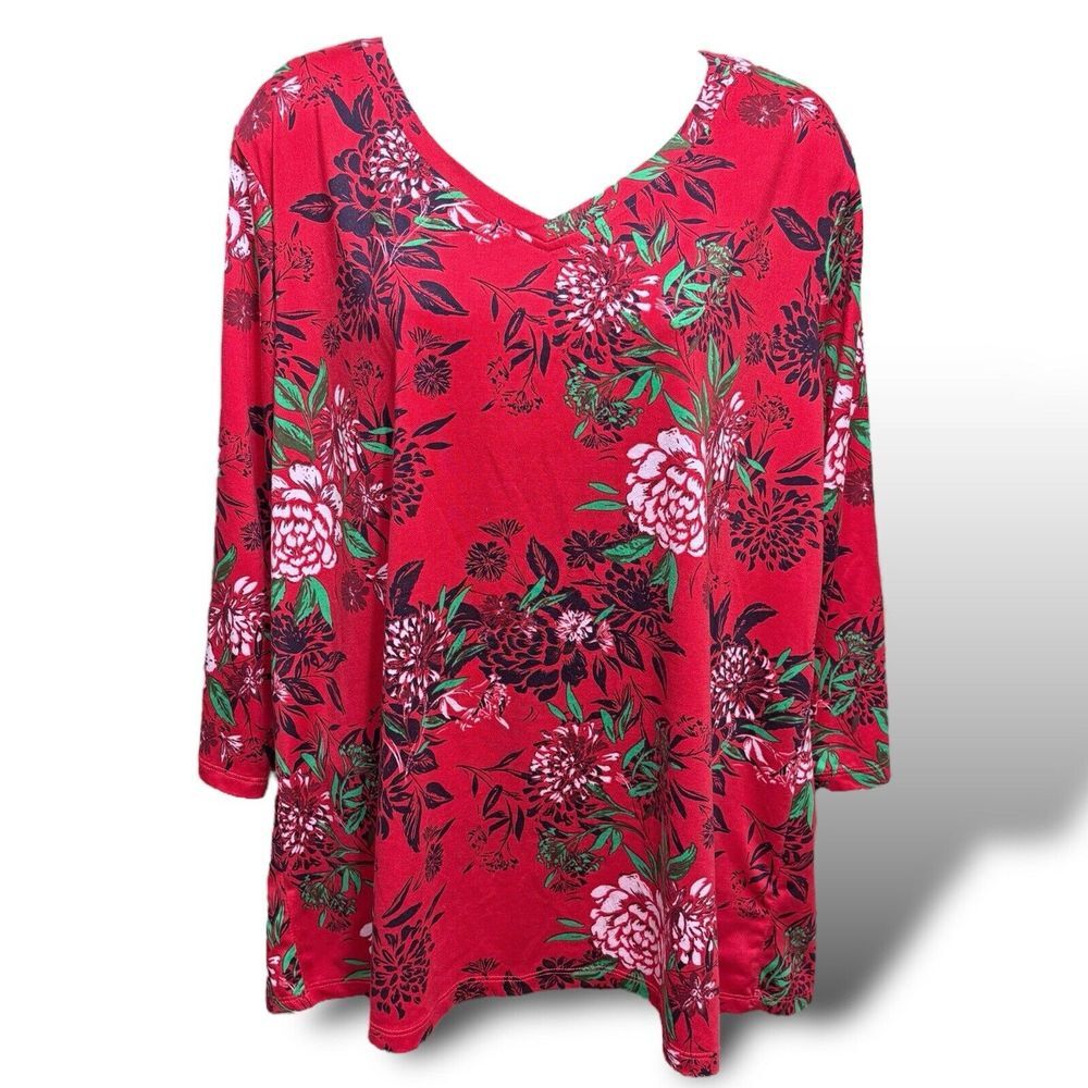 Top / Blouse - The Pioneer Woman - 3/4 Sleeves - Red / Peonies - Women's Size XL